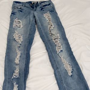 Distressed Straight Leg Blue Jeans - Size 7